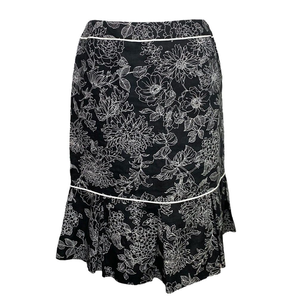 Ann Taylor LOFT Women’s Floral Ruffle Hem Black White Linen Skirt